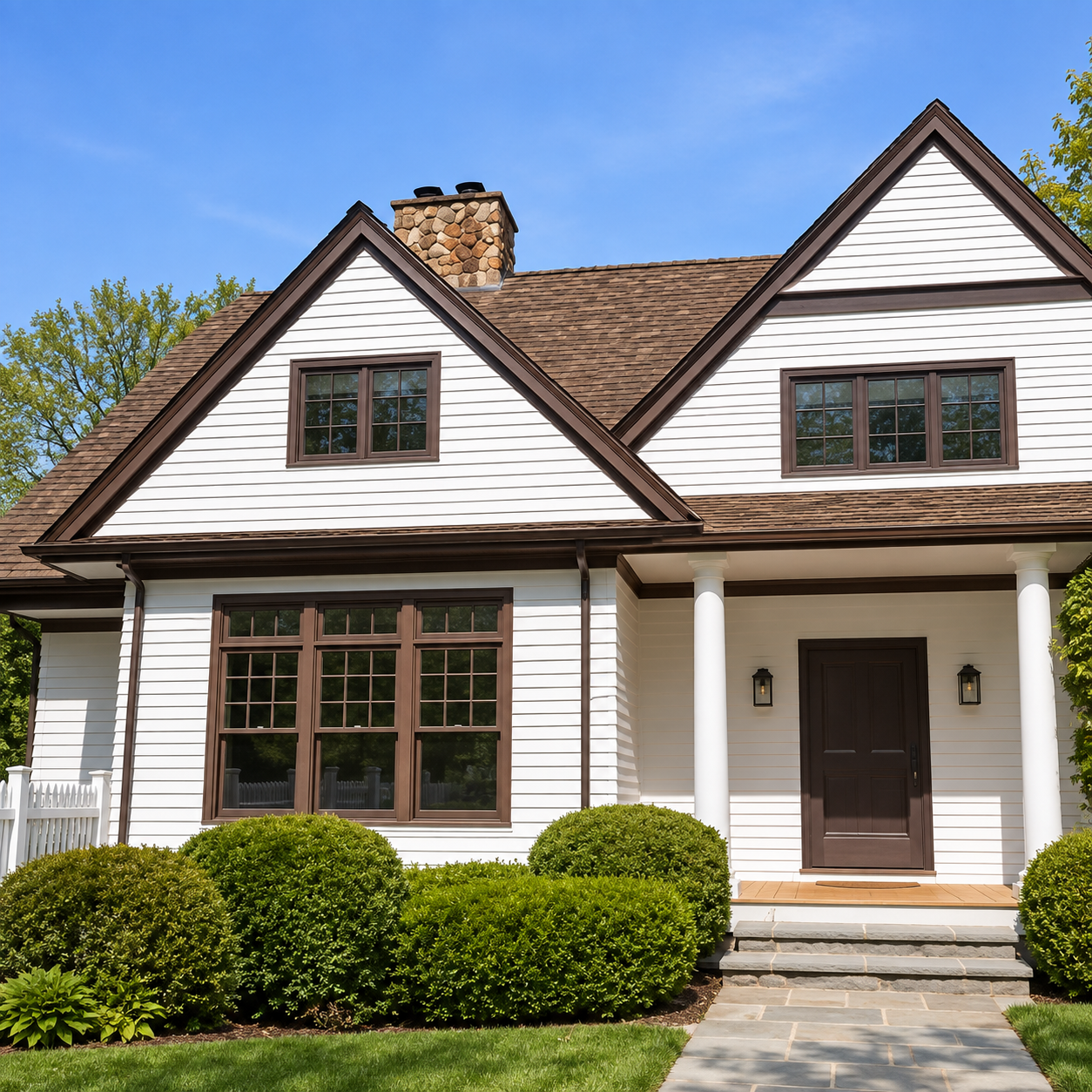 White suburban house with brown trim, front porch, and neatly trimmed green bushes under a blue sky