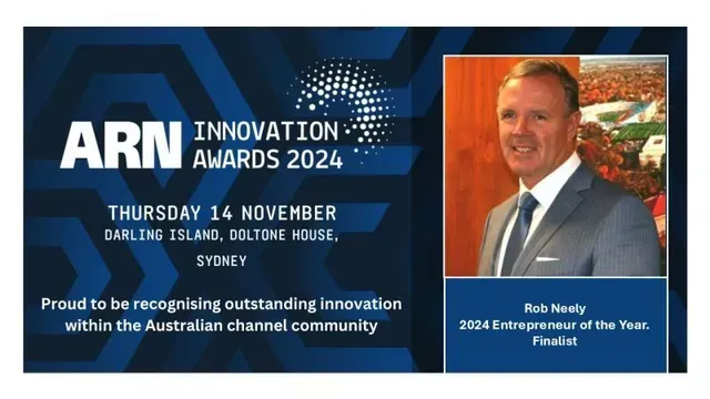 ARN Innovation Awards 2024 banner with a man’s portrait and event details on a blue background