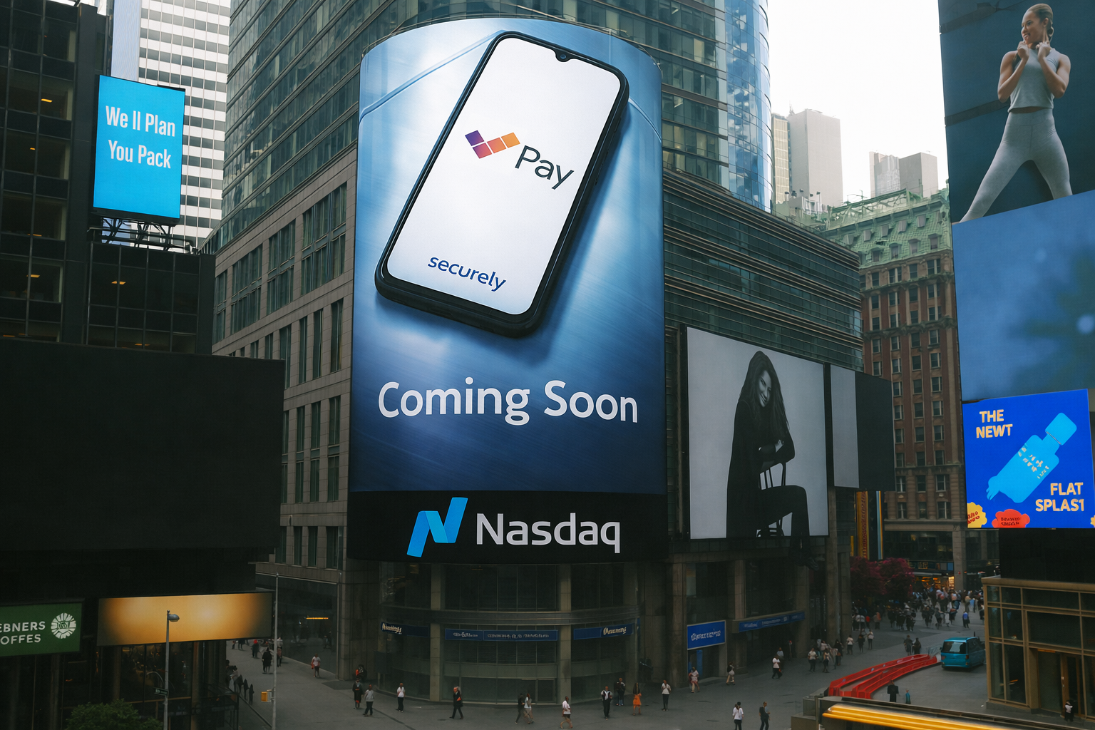 Nasdaq billboard in Times Square shows PayPal ad and “Coming Soon” on a city street
