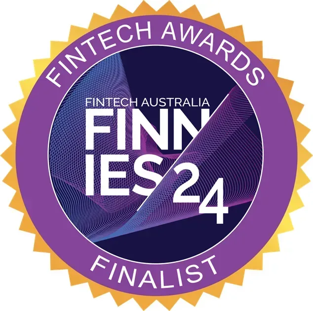 Fintech Awards finalist badge with purple FINNIES24 center and gold starburst border