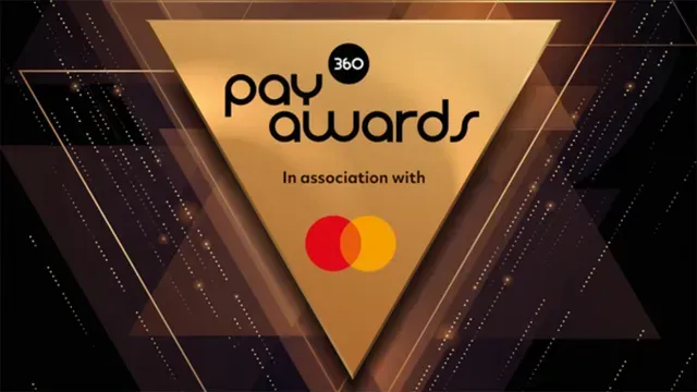 Pay Awards 360 logo on a gold triangle, with Mastercard logo and “in association with” text