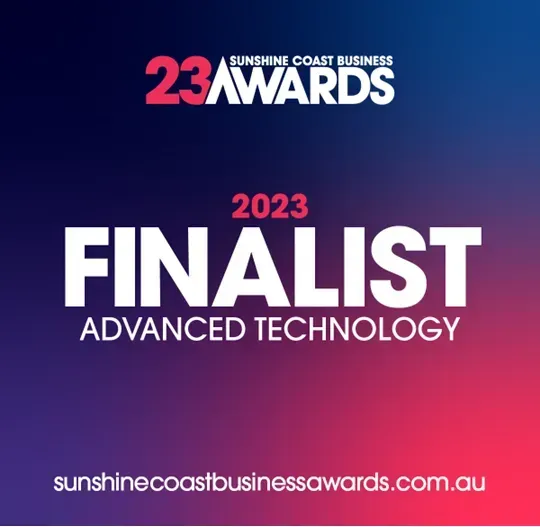 2023 Sunshine Coast Business Awards finalist for Advanced Technology on a pink-blue gradient background