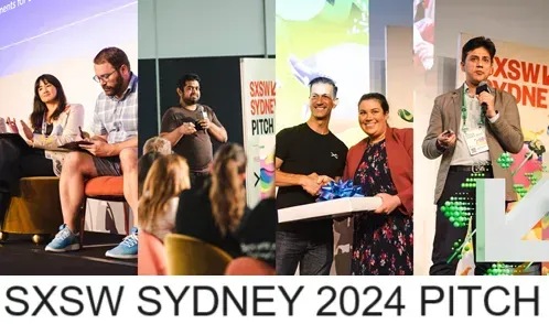 Panelists on stage at SXSW Sydney 2024 pitch event, seated and standing with microphones and notes