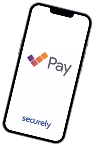 Smartphone screen showing the Pay logo and the word “securely” on a white background