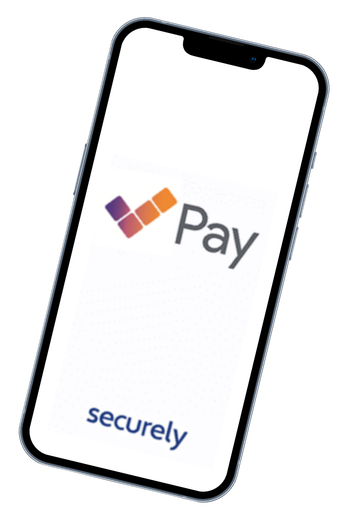 Tilted smartphone displaying a Pay logo with the word “securely” on a white screen