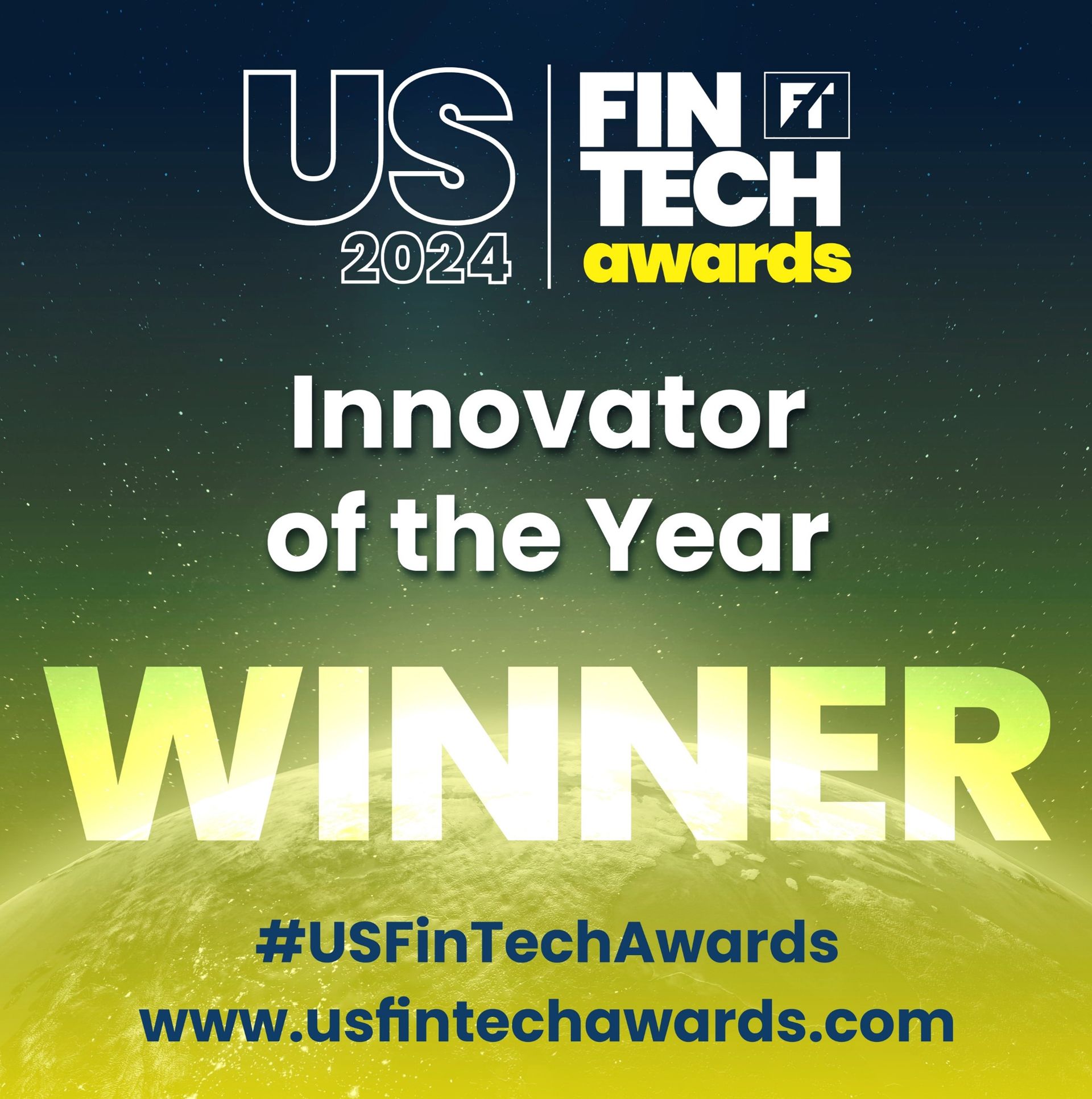 US FinTech Awards 2024 “Innovator of the Year” WINNER graphic on dark blue background