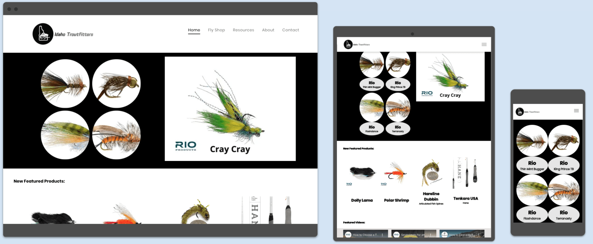 Website design showcasing fly fishing equipment and flies on a desktop, tablet, and smartphone.
