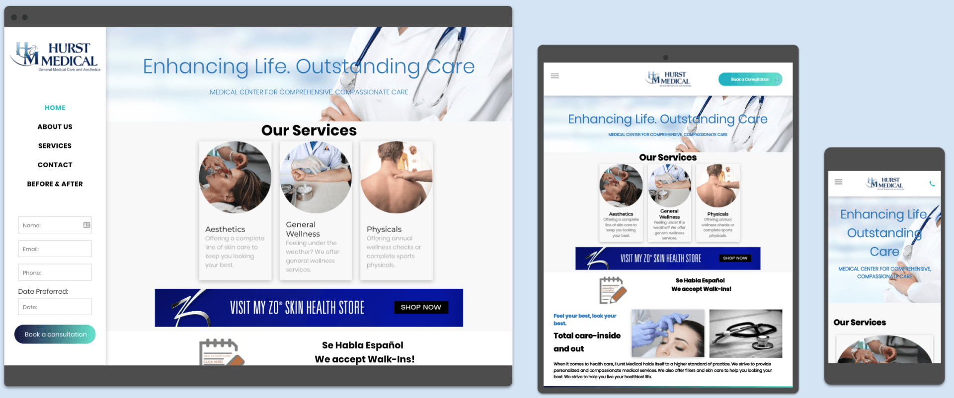 Webpage designs on a desktop, tablet, and phone showcasing 