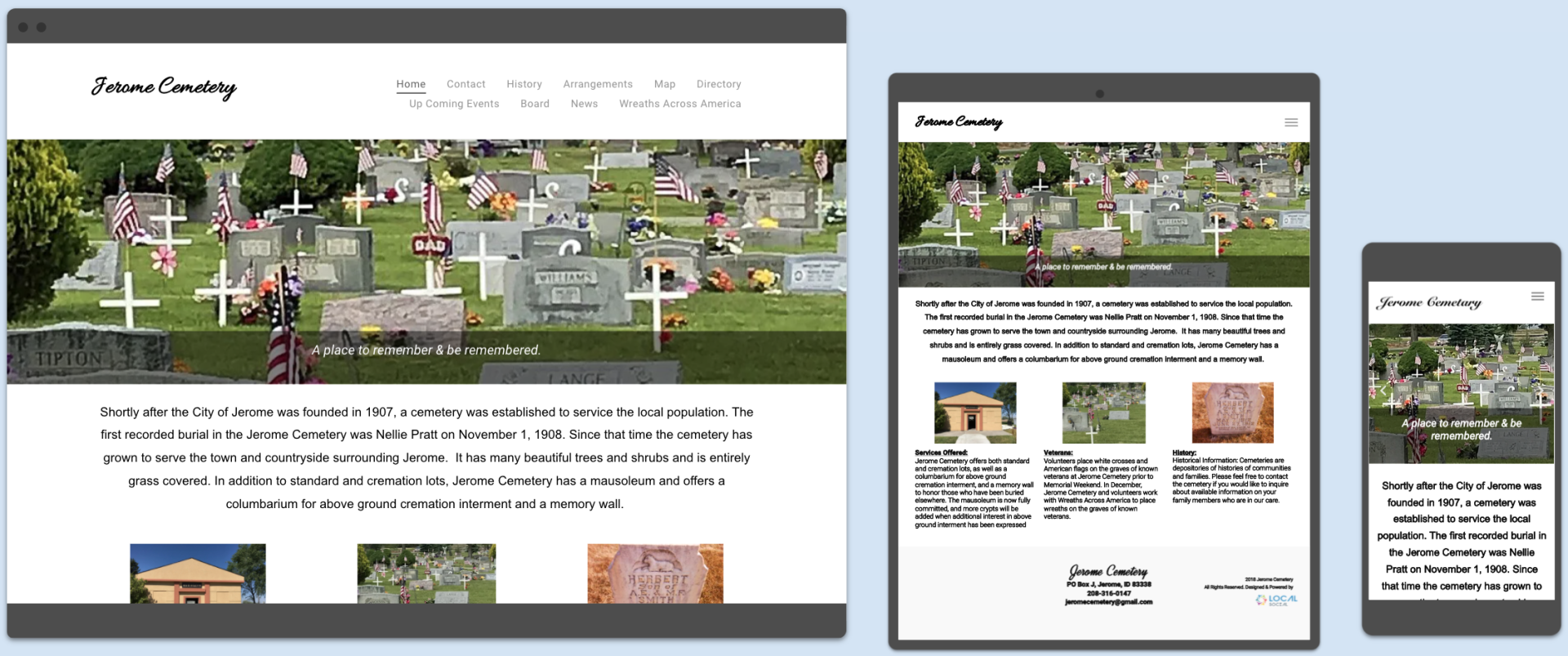 Website showcasing a cemetery layout, displayed on a desktop computer, tablet, and mobile phone.