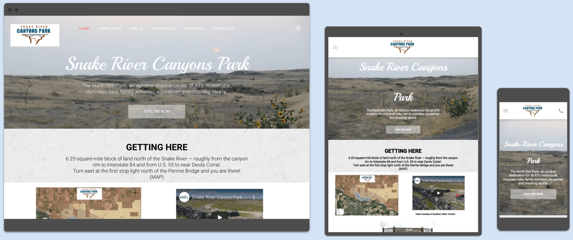 Website design, displayed across devices; features Snake River Canyons Park and associated imagery.