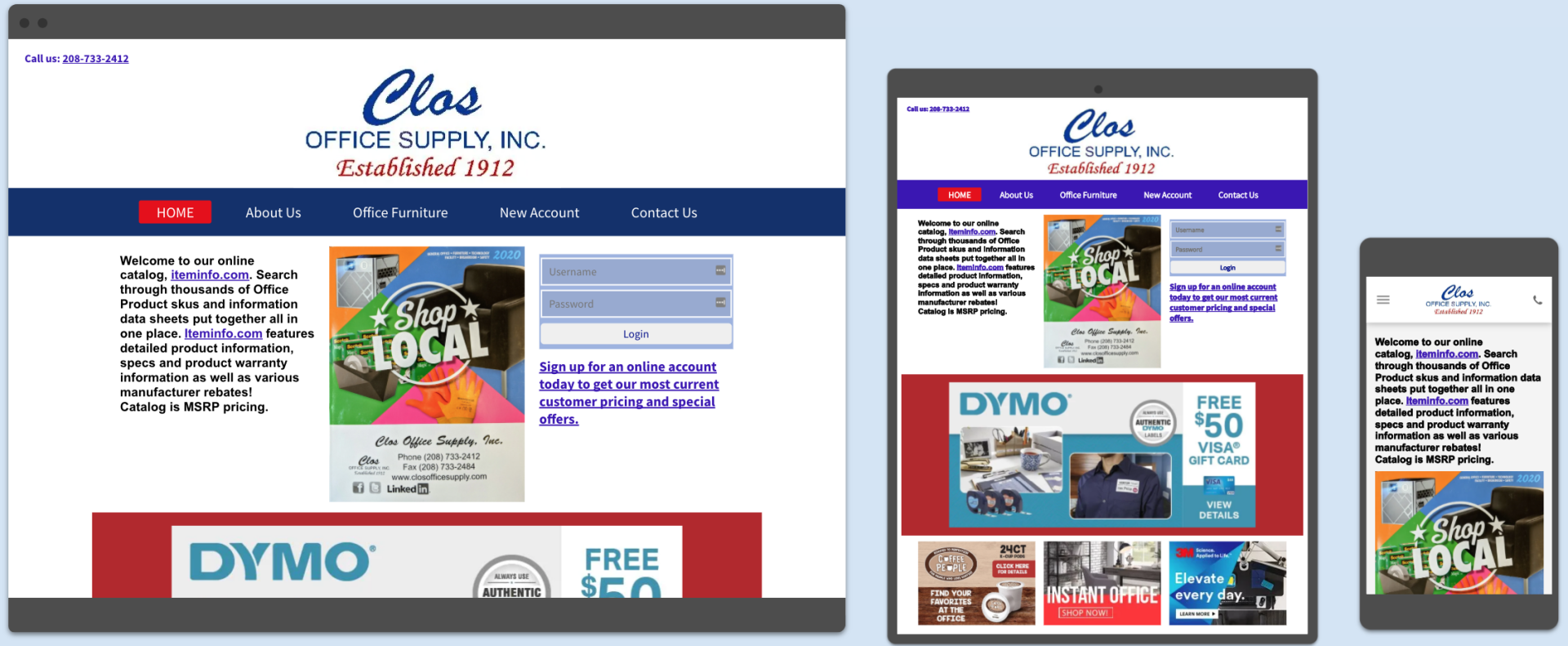 Website mockup displaying a company's webpage on a desktop, tablet, and phone. The company name is 
