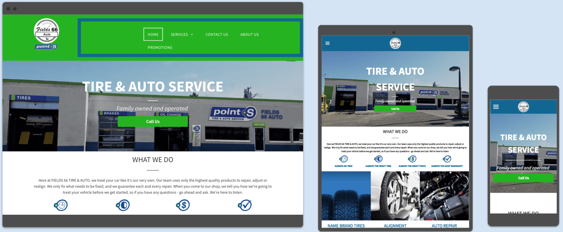 Website design of a tire and auto service. The website features  a picture of the business.
