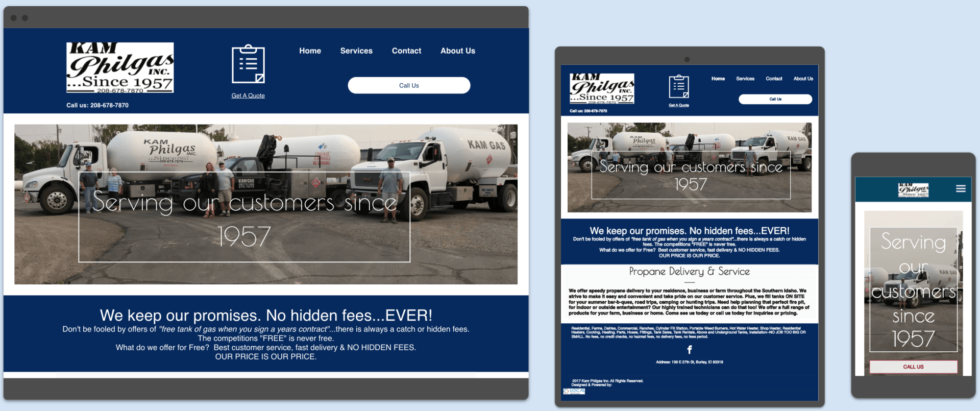 Websites displayed on different devices, showcasing a company with trucks, using a blue and white color scheme.