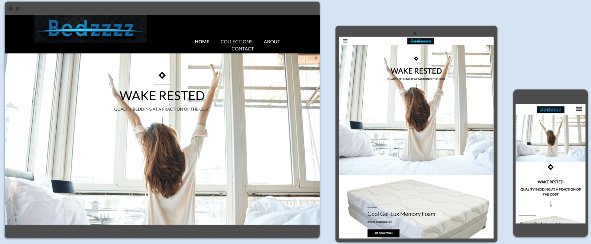 Responsive website design showcasing the Bodazz mattress brand with a woman stretching in bed.