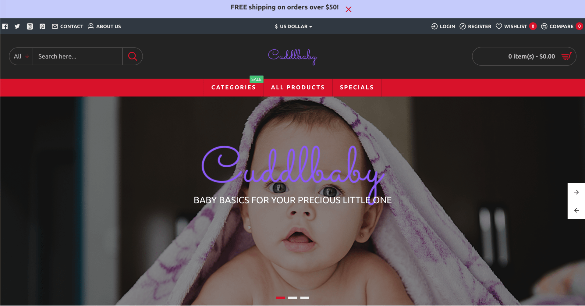 A baby wrapped in a towel looks up, with a website banner featuring the logo for 