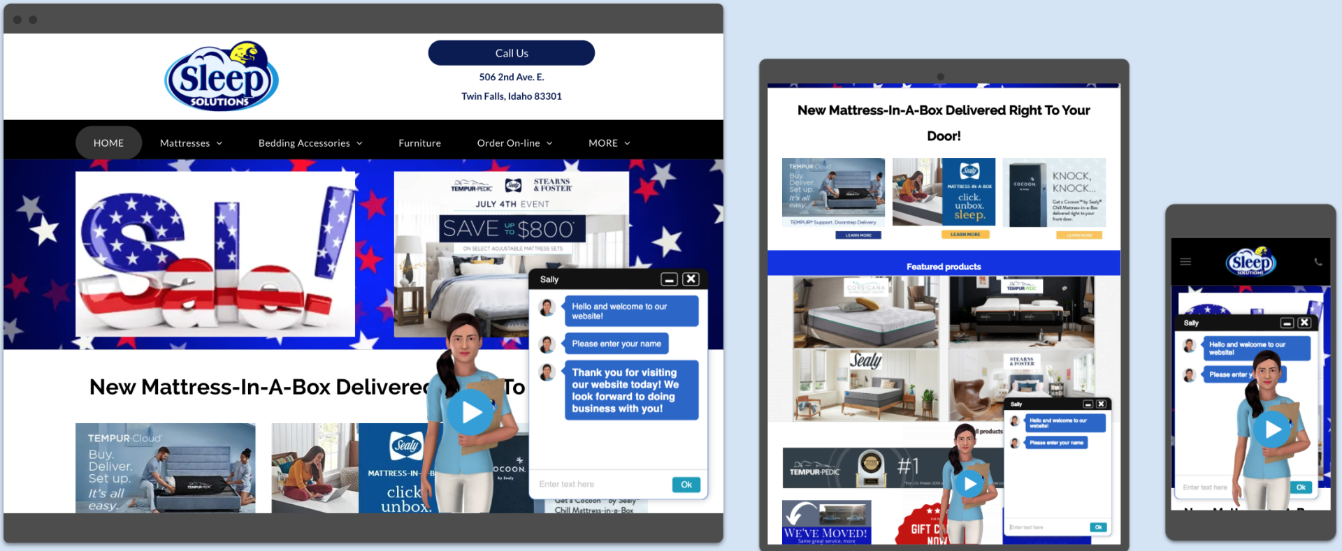 Sleepy's website displayed on desktop, tablet, and smartphone, showcasing beds and home decor with a woman in a video.