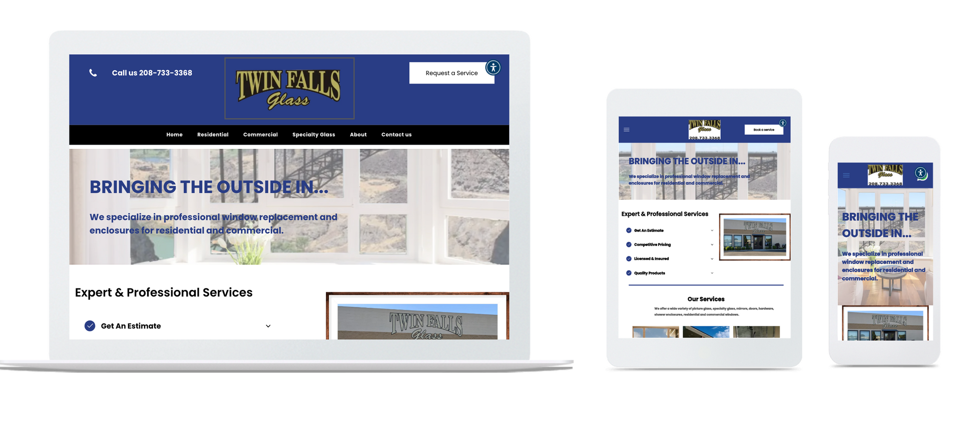 Website design on a laptop, tablet, and smartphone  with a blue header and white background.