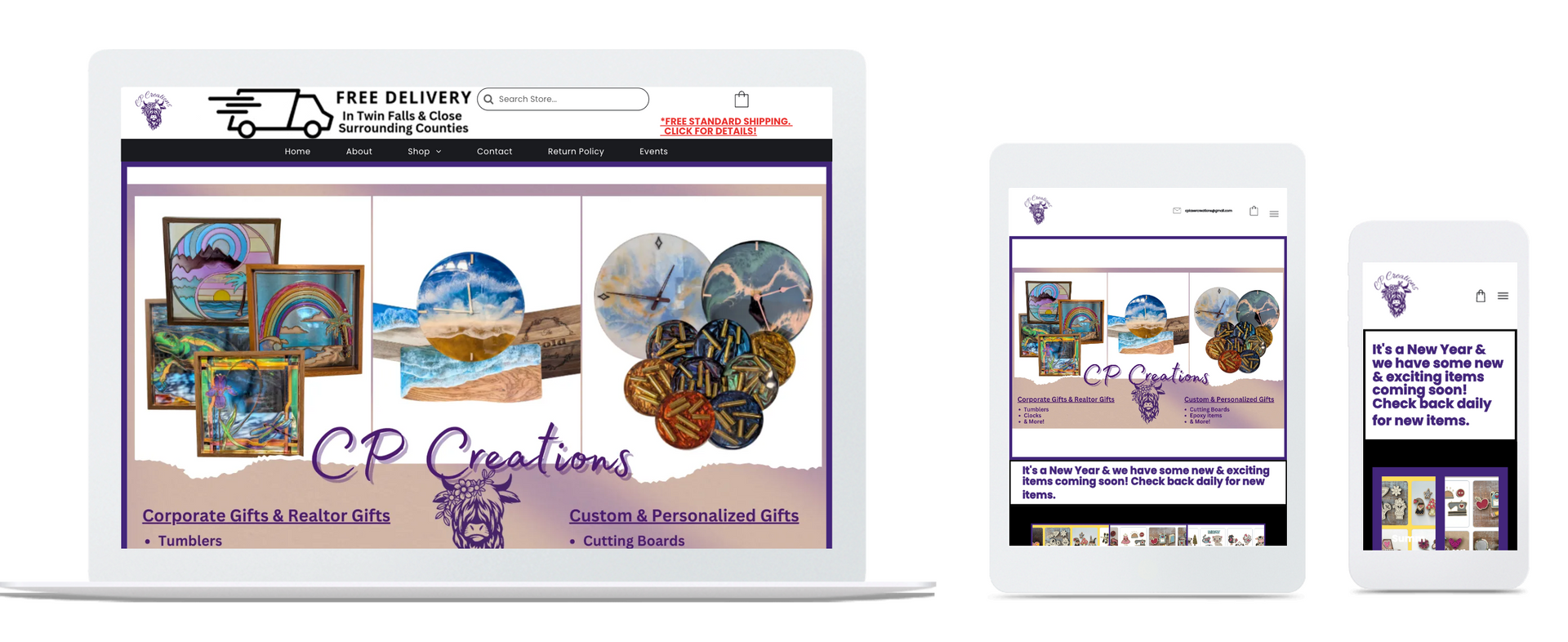 Website mockup, displaying a laptop, tablet, and phone showing a site for CP Creations. 