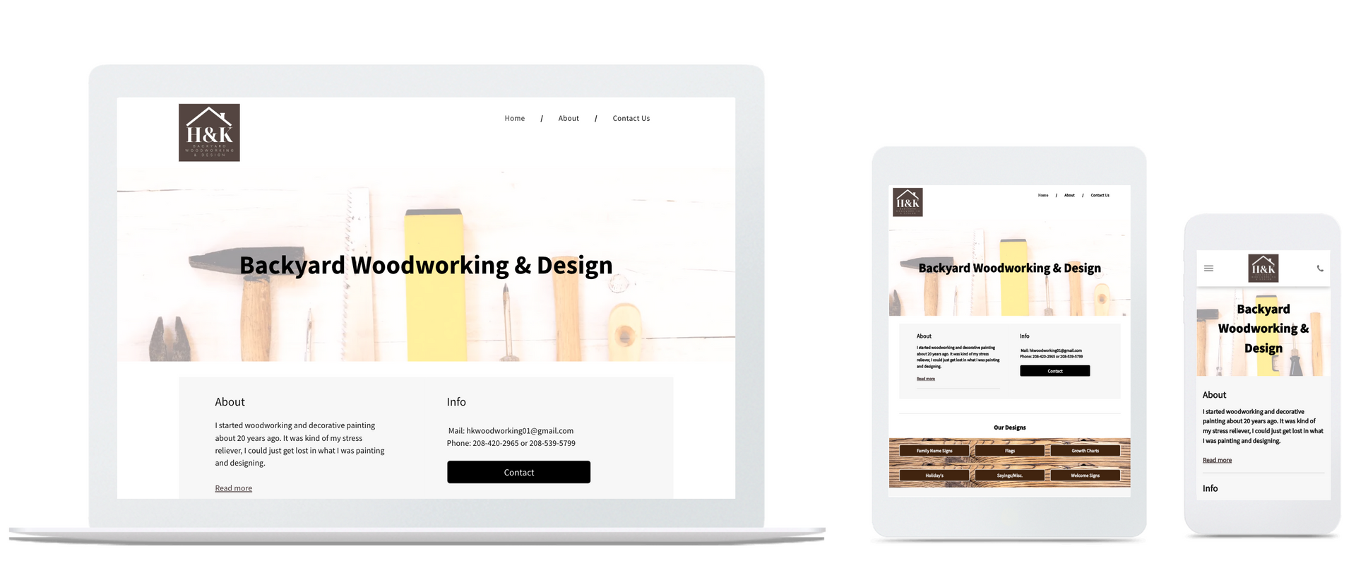 Website design on laptop, tablet, and smartphone. The website features text that reads 