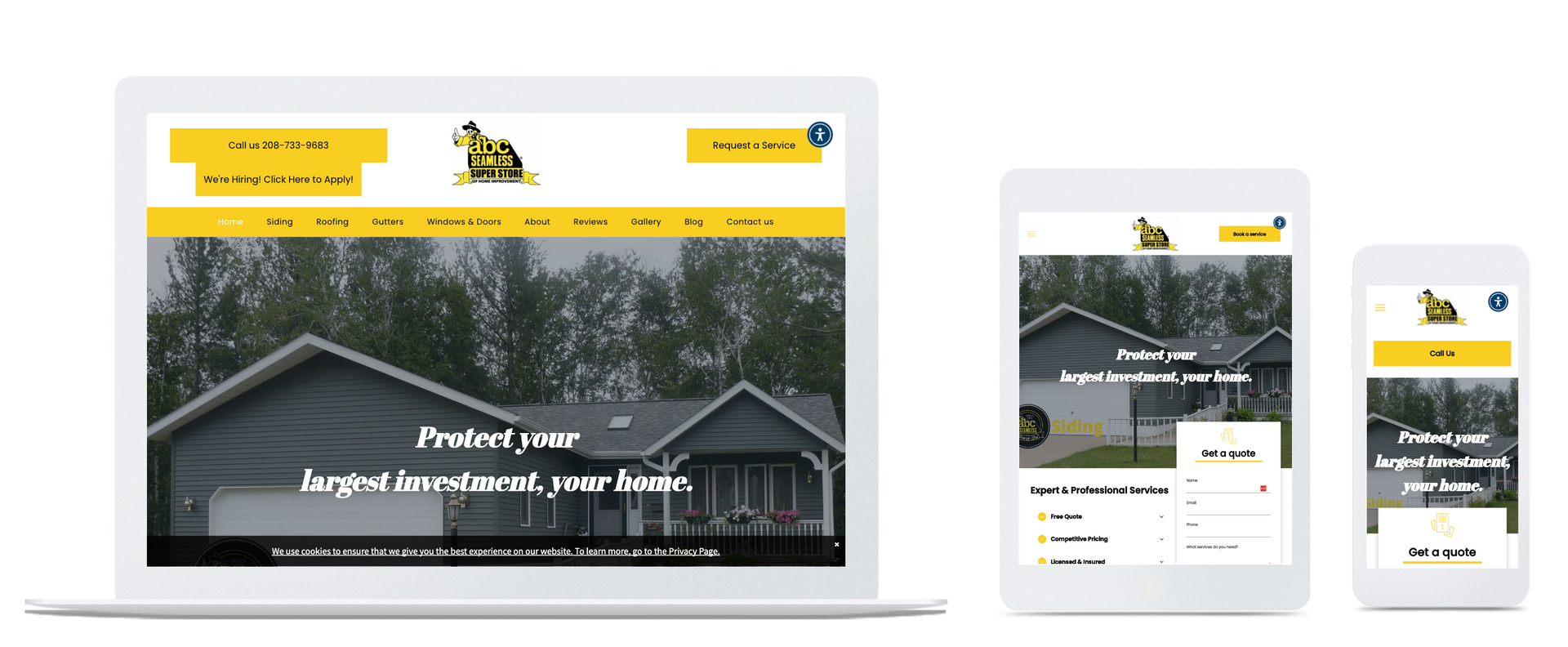 Website displayed on a laptop, tablet, and phone. The site has  images of a house, and offers options to request a quote.