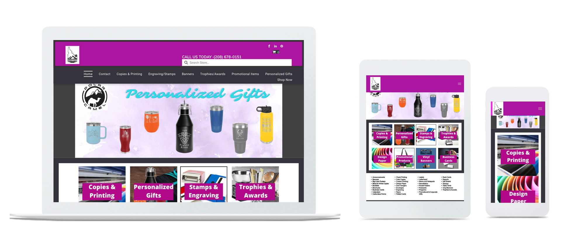 Website design mockups on laptop, tablet, and phone, featuring a personalized gifts storefront in pink and black.