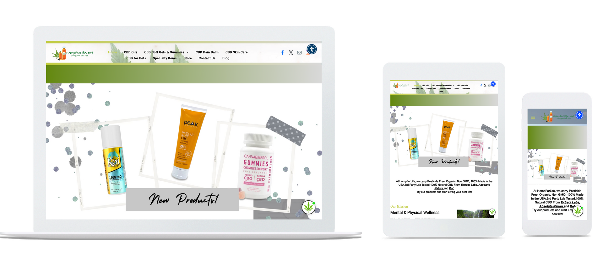 Website displayed on laptop, tablet, and phone screens. The website features product photos, and a green and white design.