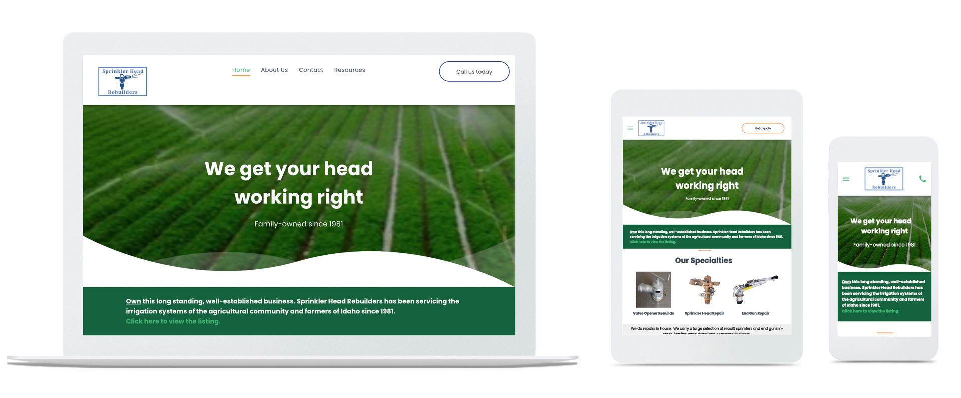 Website design on a laptop, tablet, and phone screens featuring a field and text 