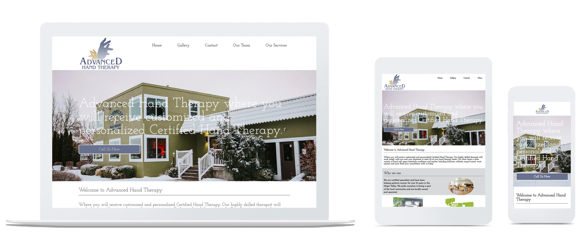 Website displayed on a laptop, tablet, and smartphone, showing a house in a snowy landscape.