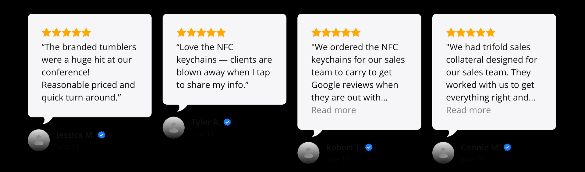 Reviews in speech bubbles, each with five stars and a quote.