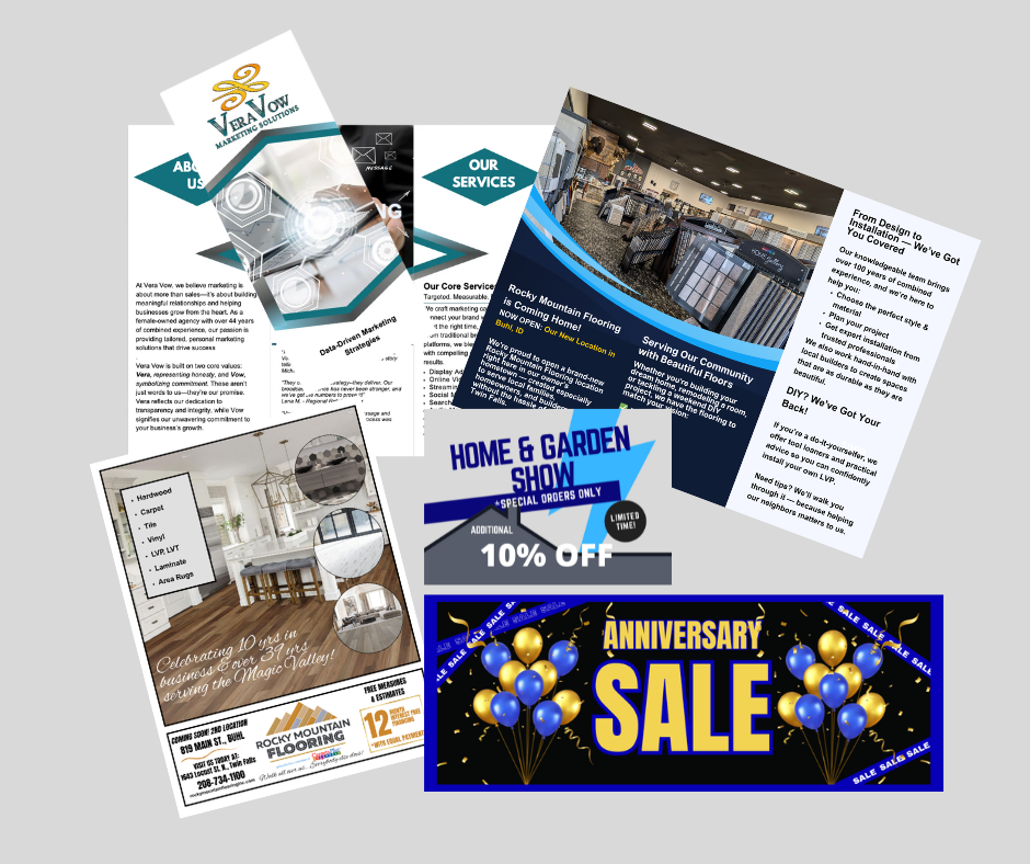 Several flyers and a banner  with images and text about products and discounts.