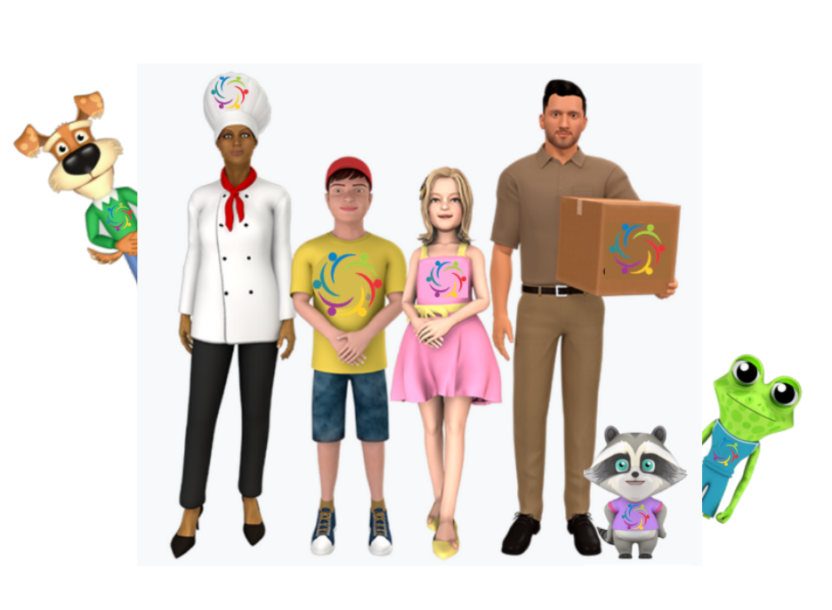 A diverse group of cartoon figures including a chef, children, and delivery person, with logos.