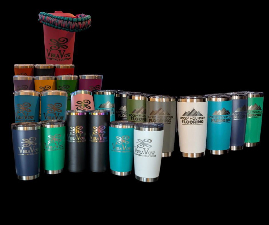 Collection of stainless steel tumblers in various colors with engraved logos, against a black background.