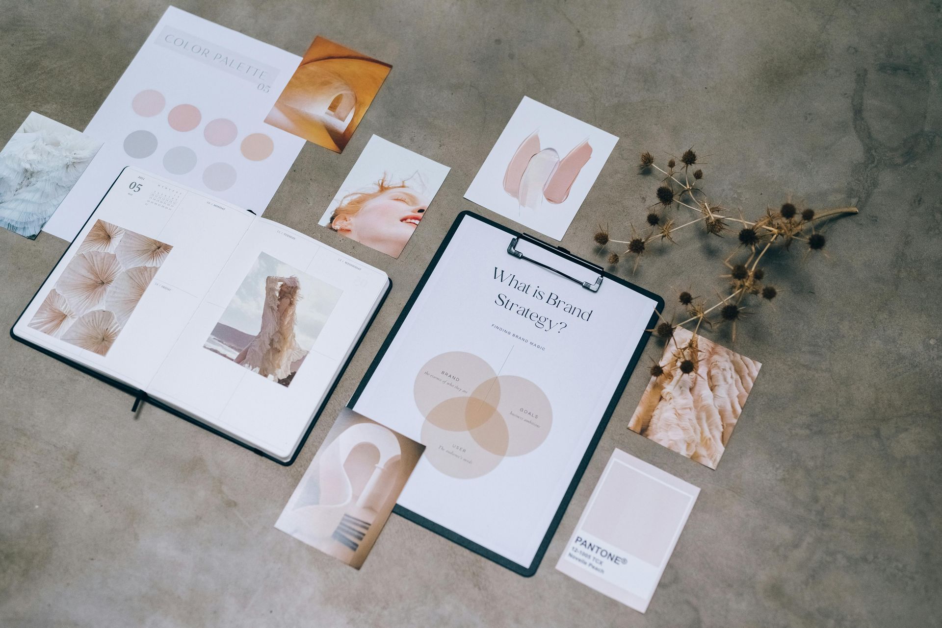 Assortment of design elements, including a notebook, clipboard, color swatches, photos.
