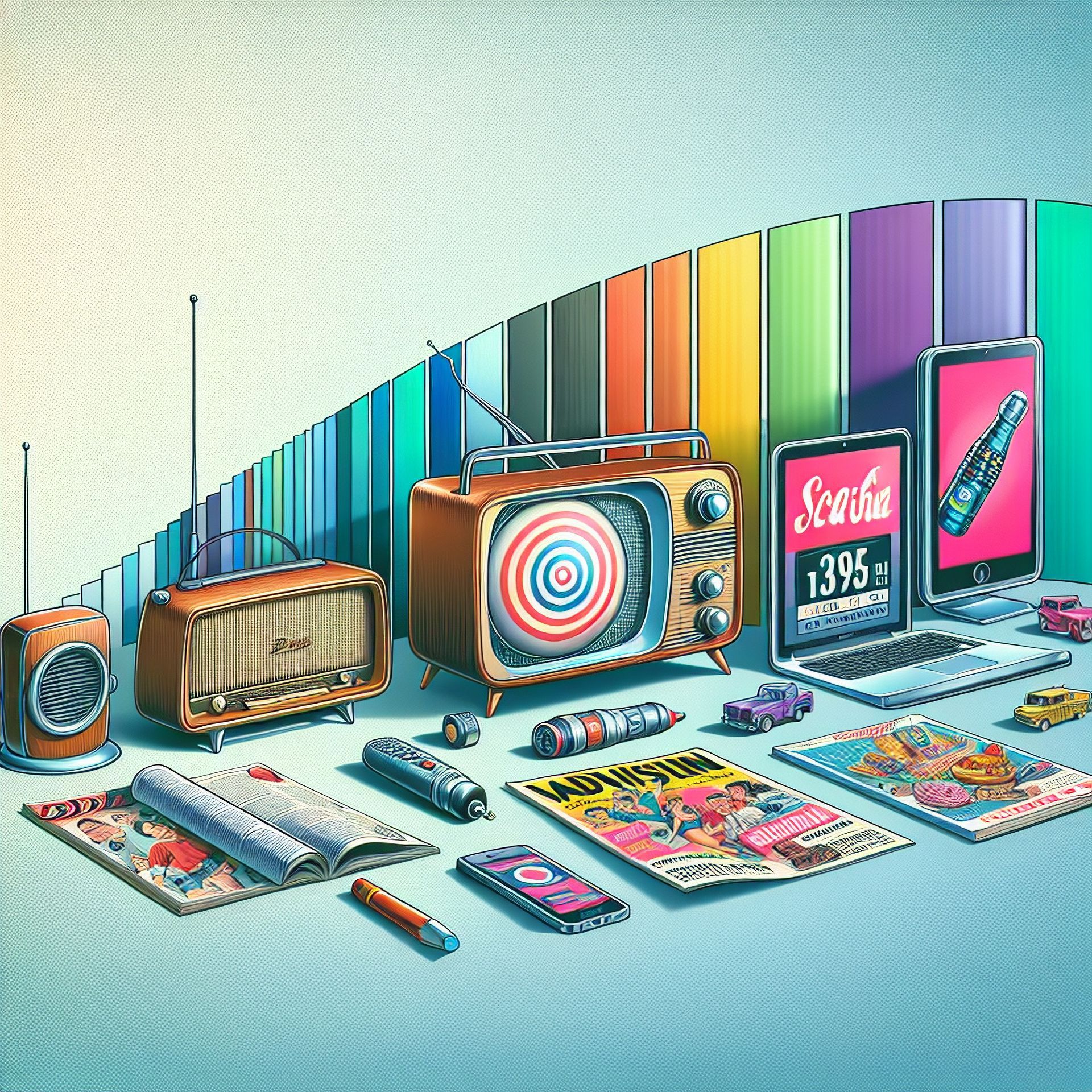 Collection of vintage electronics and media, including radios, TV, magazines, and a laptop, against a colorful backdrop.
