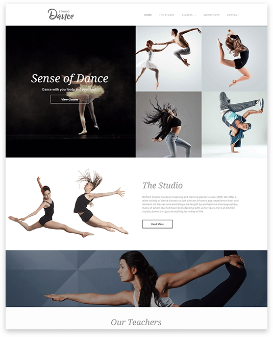 Sense of Dance website homepage. Dancers in action, studio view, and teacher stretching.