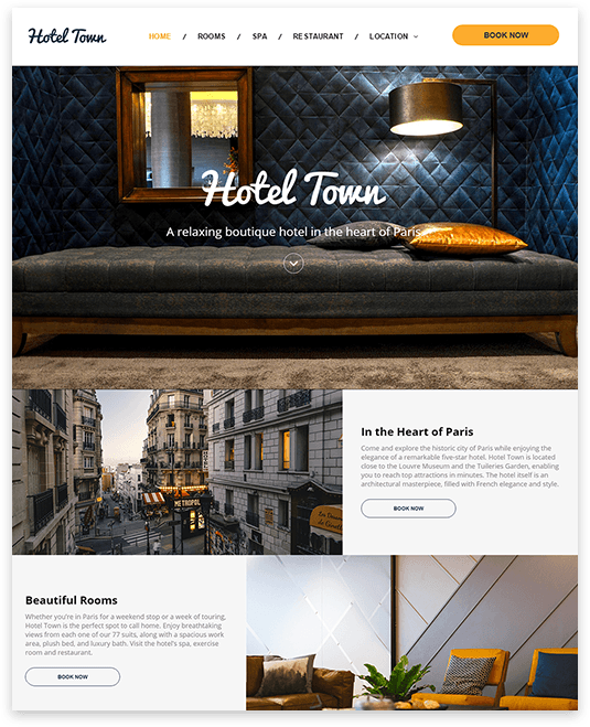 Hotel Town website homepage. Features hotel room, street view, and lobby.