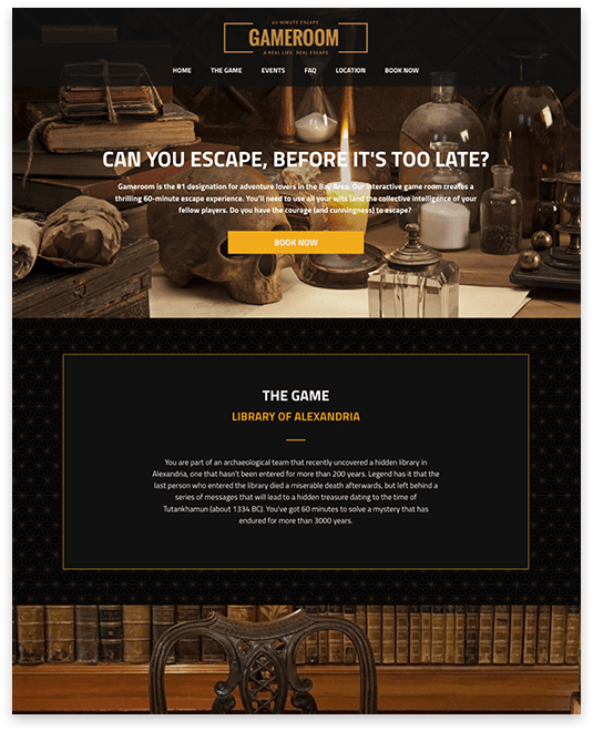 Homepage of The Game Room: Escape room website with a dark, mysterious theme.