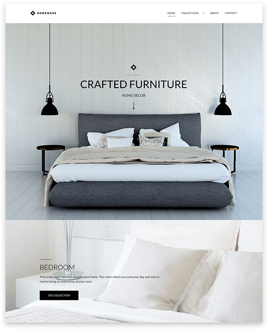 Crafted furniture website homepage featuring a bedroom setup with gray bed and white bedding.
