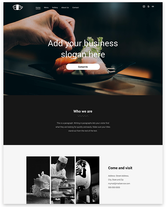 Chef adding garnish to sushi, dark restaurant setting with slogan overlay.