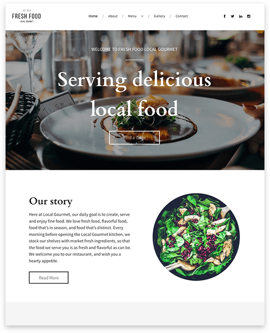Restaurant website homepage: Serving delicious local food, with a food image and text.