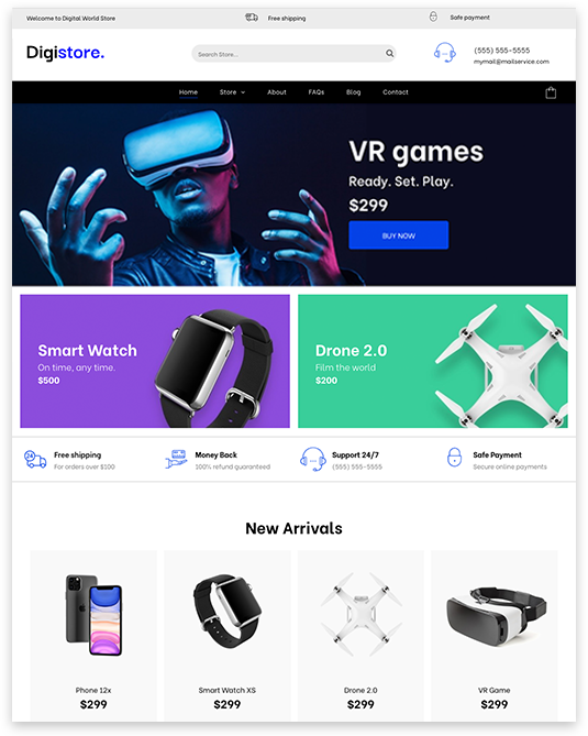 Digistore homepage: Man wearing VR headset, featured products: smart watch, drone, new arrivals.