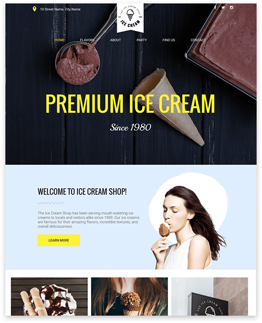 Ice cream shop website: scoop of ice cream, woman enjoying ice cream, cones, and promotional text.