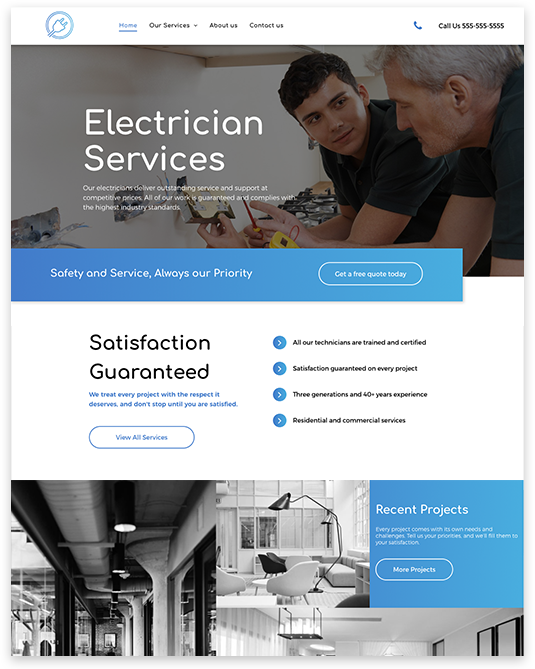 Electrician services website homepage: workers, modern interiors, blue accents.