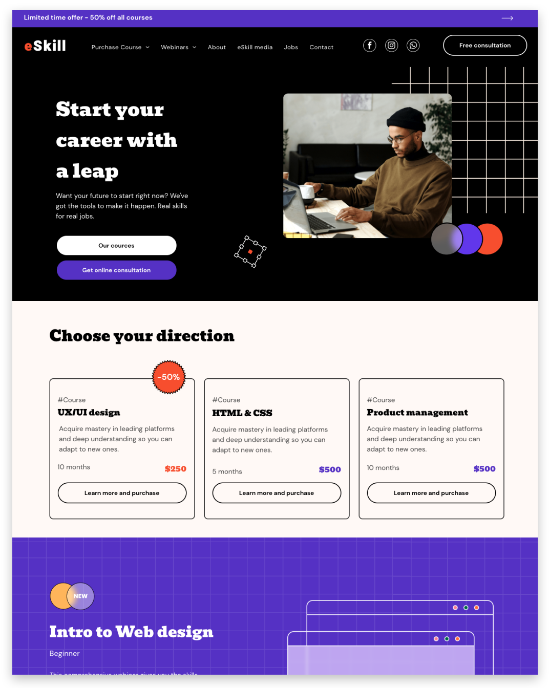 Website promoting online courses: man at desk, course options in UX design, HTML/CSS, and project management.
