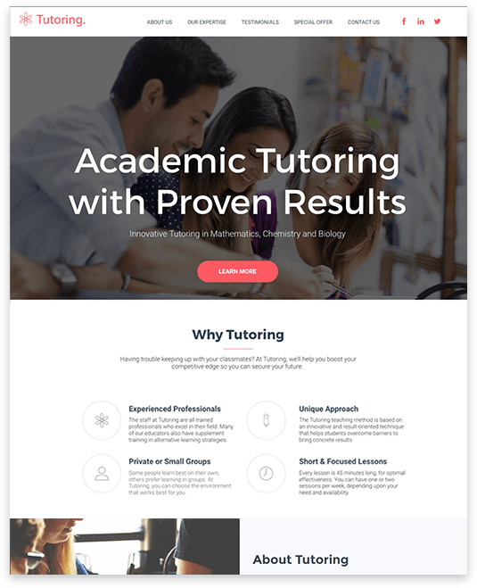 Website homepage showcasing tutoring services; people in a classroom.