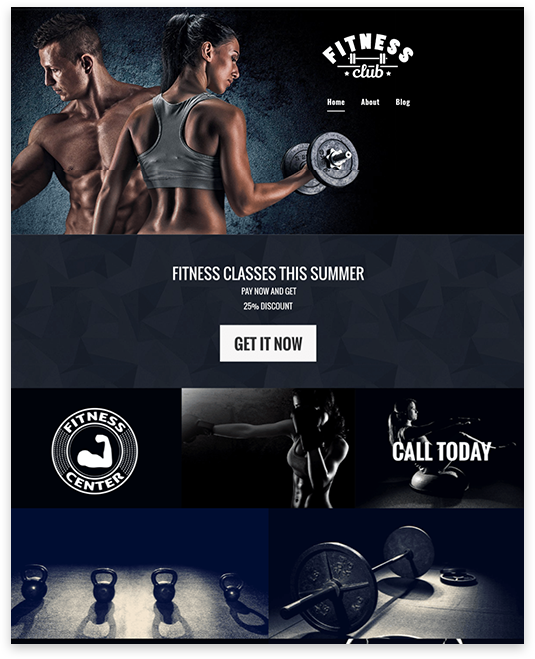 Fitness club website: People working out, dumbbells, and website navigation menu.