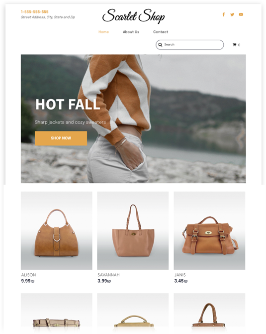 Scarlet Shop homepage featuring a woman wearing a sweater, purses, and a 