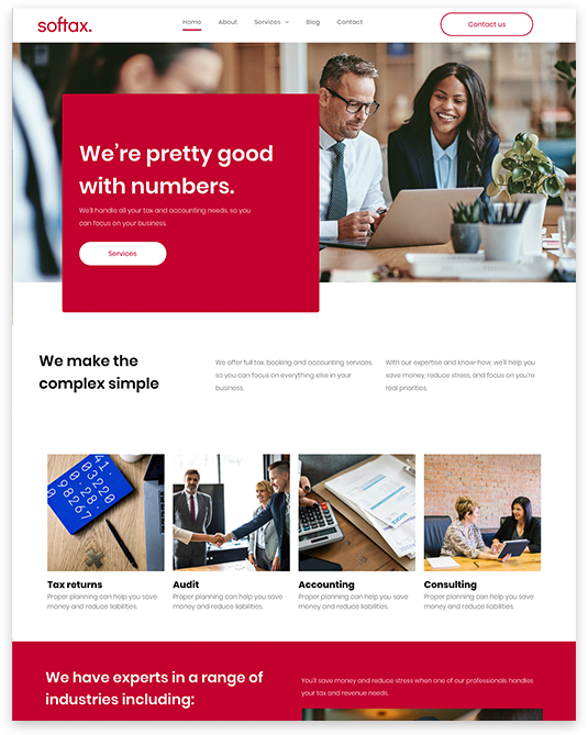 Softax website: Professionals with numbers, offering accounting services. Red and white color scheme.