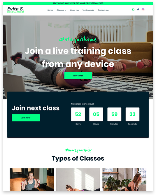 Website promoting live fitness classes: woman exercising, join class button, class countdown.