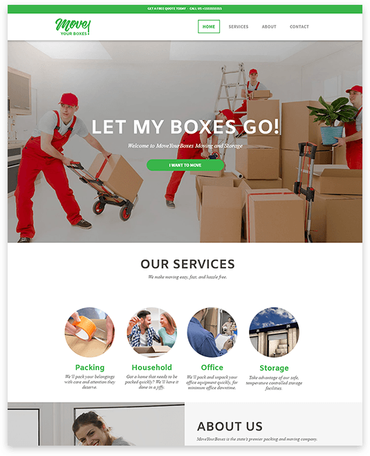 Website homepage: movers in red uniforms with boxes, services (packing, household, office, storage).